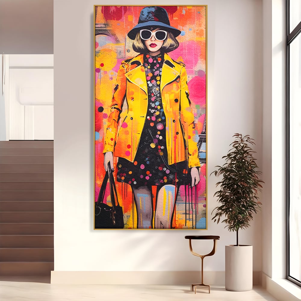 Tablou canvas cu tablou canvas cu ilustratie fashionista, in rama de aluminiu auriu